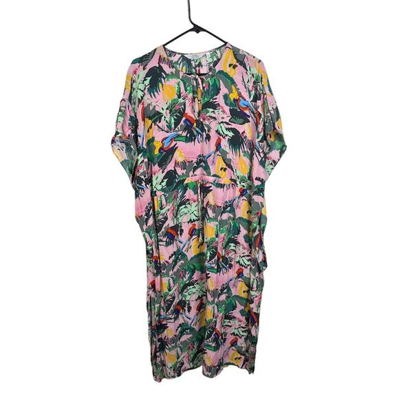 & Other Stories Pink Multi Color Tropical Parrot Print Midi Length Kaftan Sz S - Picture 1 of 10